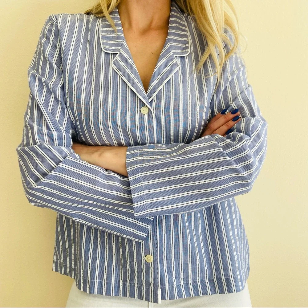 New Love By Gap White Stripe Long Sleeve Notch Button Front Sleepwear Shirt - Picture 4 of 9